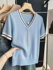 Women's V Neck Short Sleeve Knit Top, Elegant Color Block Ribbed Sweater, Summer and Spring Casual College Style Striped T-Shirt