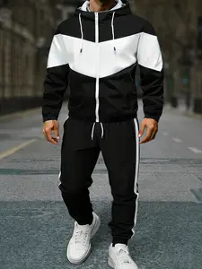 Men's color-block drawstring hoodie and jogger pants pullover set, casual sports long-sleeve hoodie and pants, men's autumn and winter clothing, everyday wear, summer sportswear, indoor and outdoor sportswear