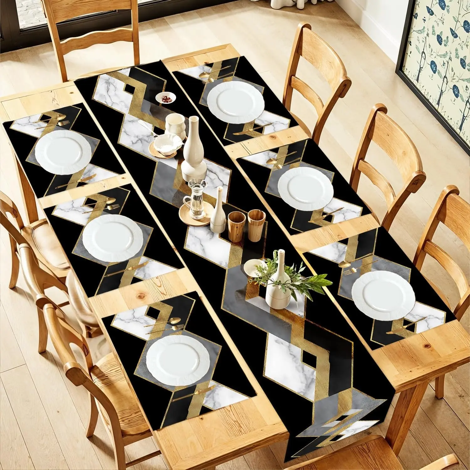 2D flat printing, 1/2/4/6/8 pieces, modern black and gold marble tablecloth and placemat set, Dining table mats, geometric dining table decoration, home decoration, indoor and outdoor party supplies, Household Placemat, Table Placemats
