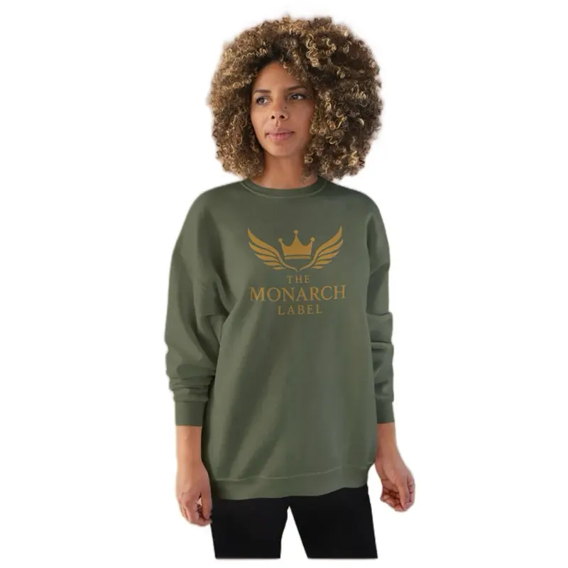 The Monarch Label Unisex Men’s & Women’s Signature Logo Eco-friendly Olive Green Sweatshirt with Gold Wings Design Casual Fashion Womenswear Everyday Hoodie Tops Style Fit