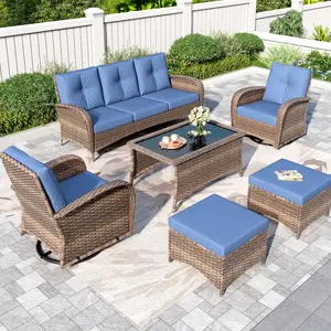 Phivilla 7-Seat Wicker Outdoor Patio Furniture Set with 2 Swivel Glider Rocking Chairs, 3-Seat Sofa, 2 Ottomans & Glass Top Coffee Table, 6-Piece Outdoor Patio Conversation Set, Navy Blue