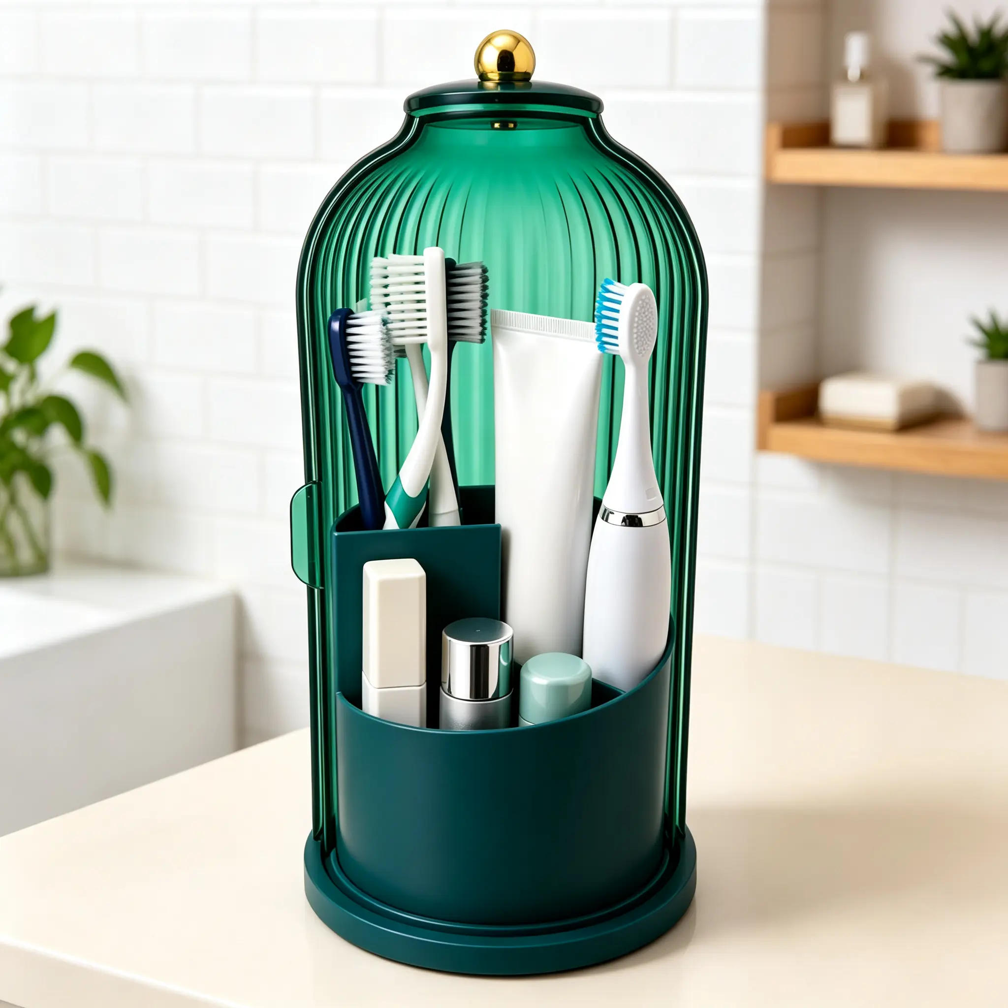 Bathroom Countertop Organizer with Rotating Dustproof Cover, 360° Swivel Electric Toothbrush Holder Toothpaste and Makeup Brush Storage Caddy, Multi-Functional Vanity Skincare Tool Rack, Compact Space Saving Design for Apartment Dorm Family Shared Bath