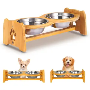 X-ZONE PET Elevated Dog Bowls for Cats and Dogs, Adjustable Bamboo Raised Dog Bowls for Small Dog, Food and Water Set Stand Feeder with 2 Stainless Steel Bowls and anti Slip Feet (Height 4" to 4.5") X-ZONE PET