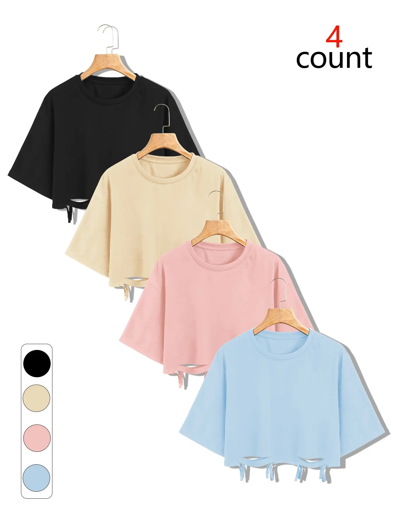 Women's 4-Count Crop Tee Set, Summer, Casual, Solid Colors, Distressed Hem with Drawstring, Loose Relaxed Oversized Fit, Soft Breathable Fabric