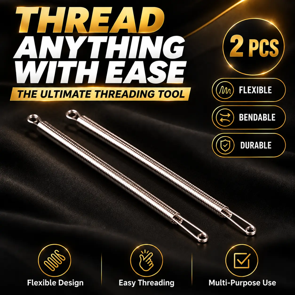 2PCS Flexible Drawstring Threader Tools, Reusable Spring Steel Elastic Cord Threading Tool for Hoodies, Sweatpants, Waistbands, Shoelaces and DIY Sewing Repair