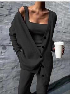 women's solid long sleeve button front cardigan & square neck tank top & elastic waist pants set, casual spring & fall outfits for daily wear, outfit sets, comfy clothes for women, womenswear