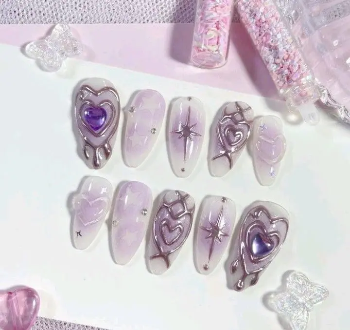 Purple Dream Press On Nails, Handmade Y2K Coquette 3D Heart Cat Eye Reusable Nail Set | Free Adhesive Tabs Nail File Cuticle Stick