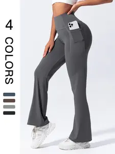 Women's Solid High Waist Flare Leg Sports Leggings, Casual Comfy Pocket Design Bell Bottom Athletic Trousers for Yoga Gym Workout, Yoga Pants for Women,  Leggings for Women, Ladies Flared Sportswear for All Seasons