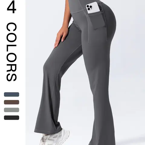 Women's Solid High Waist Flare Leg Sports Leggings, Casual Comfy Pocket Design Bell Bottom Athletic Trousers for Yoga Gym Workout, Yoga Pants for Women, Leggings for Women, Ladies Flared Sportswear for All Seasons, High Waisted Legging, Athletic Bottoms