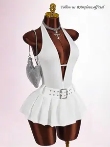 Clothes Women Kawaii Back To School Deep V-Neck Backless Metal Belt Buckle Decor High Slit Pleated Form-Fitting Mini Jumpsuit Dress, All White Party Outfit Elegant Formal Wear Aesthetic