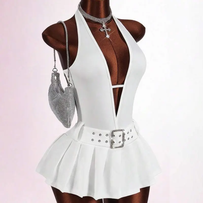 Clothes Women Kawaii Back To School Deep V-Neck Backless Metal Belt Buckle Decor High Slit Pleated Form-Fitting Mini Jumpsuit Dress, All White Party Outfit Elegant Formal Wear Aesthetic Elegant Party Apparel