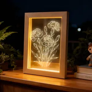 LIVEKEY Carnation-Themed Acrylic LED Picture Frame with Soft-Glow LED Lights, Indoor Ambient Lighting Home Decor for Botanical Artistry Display