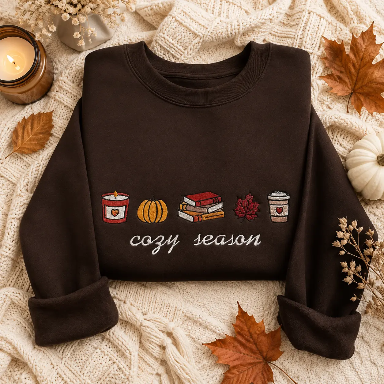 [Made in US] Embroidered Cozy Season Sweatshirt T-shirt Hoodie, Cute Autumn Sweatshirt, Pumpkin Embroidered Sweatshirt, Spooky Season Embroidered Sweatshirt