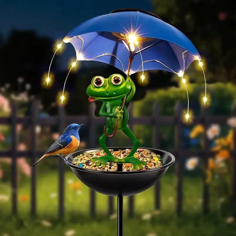Solar Outdoor Bird Feeder Frog with Umbrella IP44 Solar Garden Light Hummingbird Feeder Frog Sculpture Lawn Art Decor Perfect Easter Room Decor Solar Garden Lamp Gifts for Mom Wife Daughter Solar Camping Lights No Electricity Needed
