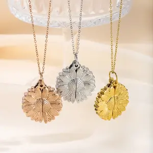 Titanium steel sunflower necklace, openable and engravable, stainless steel choker with flower pendant, couple's collarbone chain