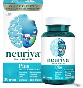 NEURIVA Plus Brain Supplement for Memory and Focus Clinically Tested Nootropics for Concentration for Mental Clarity, Cognitive Enhancement Vitamins B6, B12, Phosphatidylserine 30 Capsules