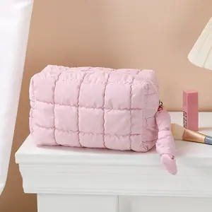 Quilted Cosmetic Bag Large Puffer Makeup Pouches for Women Travel Toiletry Organized Soft and Practical Storage Case Quilted Makeup Bag, Brown, Mass Beauty