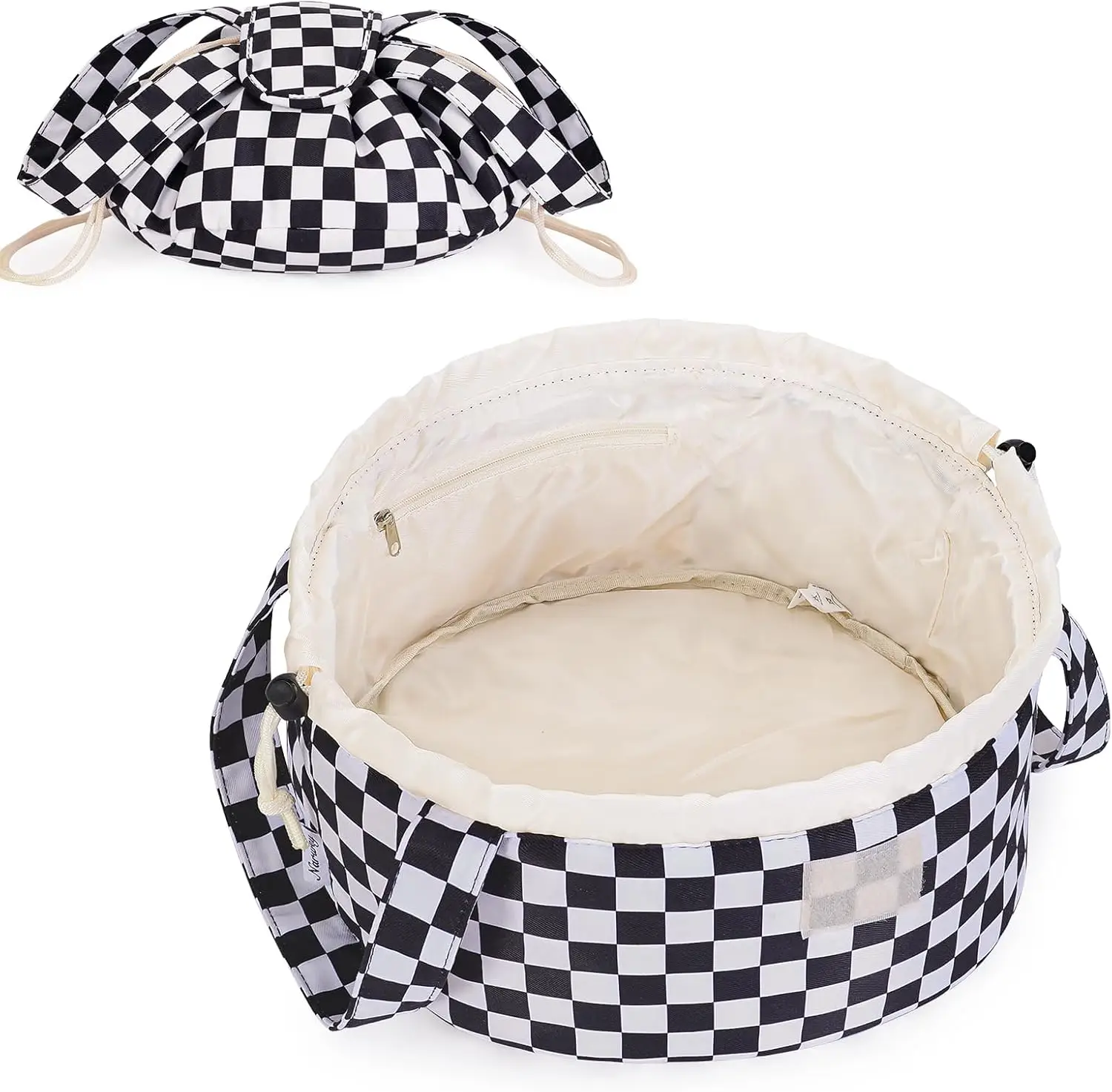 Narwey Barrel Drawstring Makeup Bag – Large Travel Cosmetic Bag for Women, Lightweight Toiletry Organizer with Multiple Pockets, Portable Makeup Case