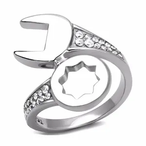 Lanyjewelry Hypoallergenic Stainless Steel Men's Wrench-Shape Ring - Round Band with CZ Artificial Gemstone Accents, Multi-Size Hypoallergenic Jewelry