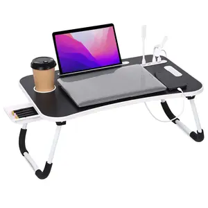 23 Inch Portable Laptop Bed Desk,Foldable LaptopTable Bed Tray with Storage Drawer,4 USB Ports and Cup Holder,for Working Reading Writing, Eating, Watching Movies for Bed Sofa Couch Floor