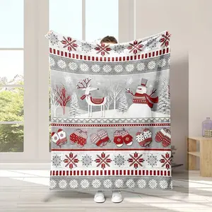 Vintage Christmas Reindeer & Snowman Flannel Throw Blanket - Anti-Pilling, Soft, Cozy, Warm Christmas Print Throw for Couch, Bed | Festive Holiday Print Blanket Ideal Gift, Christmas Print Throws, Festive Blankets