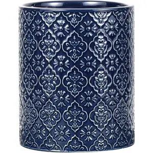 6x7 inch Large Blue Ceramic Embossed Kitchen Utensil Holder Crock for Kitchen Countertop Home Decor