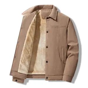 Winter Men's Corduroy Fleece Jacket Vintage Lapel Shearling Warm Workwear Coat Beige Casual