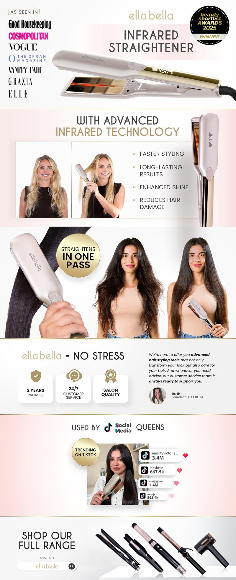 ELLA BELLA® Titanium Flat Iron Hair Straightener (with Infrared) • Professional Straightening Iron • Digital Display to Accurately Control Temperature • As Featured in Good Housekeeping