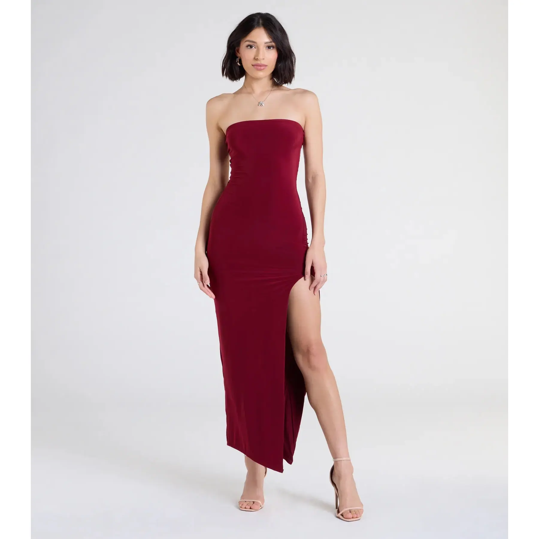 Sleek Fit Strapless High Slit Maxi Dress - TikTok Shop