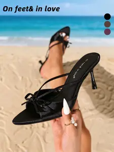 2026 Summer Women's Satin Bow Thin Strap Heeled Mules Pointed Open Toe Stiletto Slides 3 Colors Comfortable Versatile Party Wedding Office Shoes