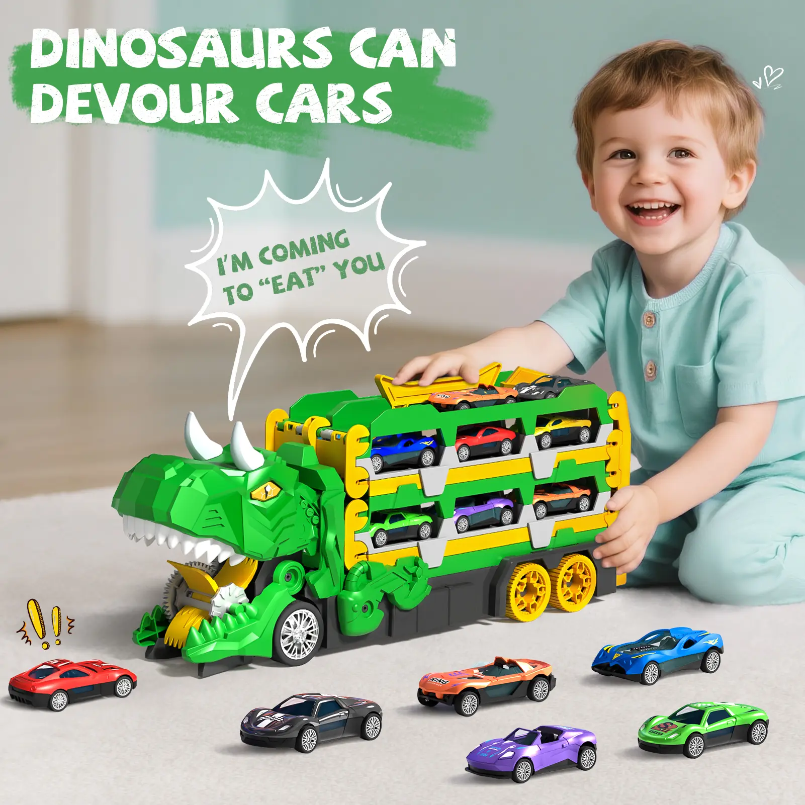 Dinosaur Transport Truck Toy for Toddlers - Alloy Metal, Remote-Free, Blue Carnivore Dino Car, 12-Pack Die-Cast Alloy Kids Play Vehicles, Transforms into Dino Figure, Ideal Gift for 4-6 Year Old Boys, 4 - 6 Years, 12 Car Pack, 12 Die-Cast Alloy Cars