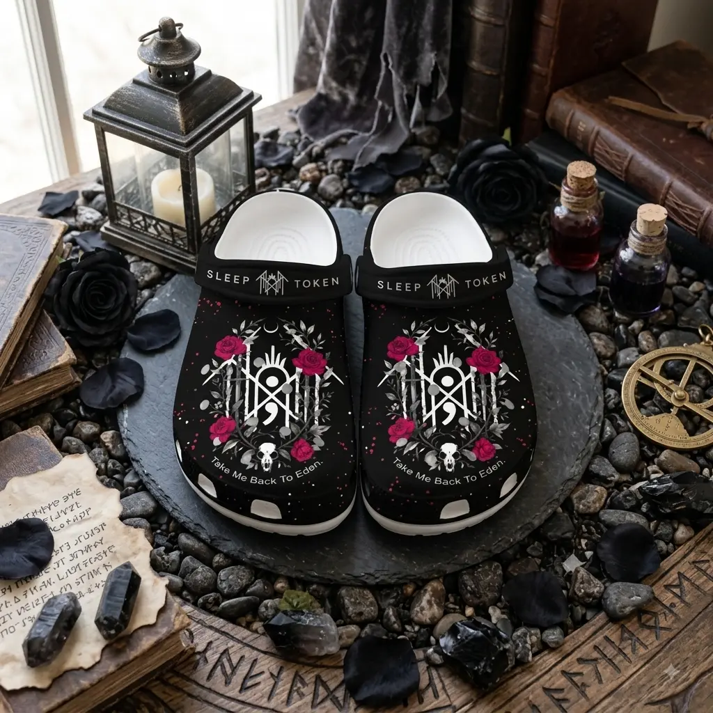 Sleep Tken Clogs, Metalcore Band Graphic Clog Shoes, Gothic Floral Skull Slippers, Rock Music Fan Merch Gift