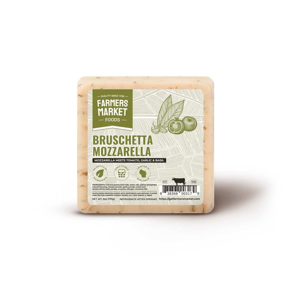 Farmers Market Foods Bruschetta Mozzarella Cheese Block – Wisconsin Mozzarella Cheese with Tomato, Basil & Garlic, Gluten Free, Keto Friendly, Zero Sugar, Low Sodium Snack Cheese, 6oz