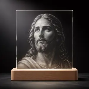 Luminous Jesus Stippling Glass Sculpture - Hand-Etched 3D Sacred Portrait, Solid Beech Wood Art Piece, Rechargeable Spiritual Home Accent, Inspirational Religious Gift (Finished Masterpiece)