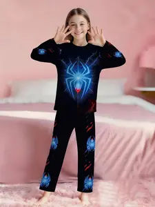 Black Background Electric Spider Cool Girls 2-Piece Long Sleeve Pajama Set, Digital Print & Extra Long Pants, Flame Resistant, Soft 100% Polyester Loungewear, Cozy Sleepwear for Kids, Perfect Gift for Little Girls