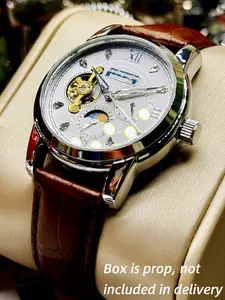 Classic Hollow-Out Automatic Mechanical Watch, 24-Hour Display, Moon Phase, Retro Business Style, Gift Box Included, Luminous Analog Watch