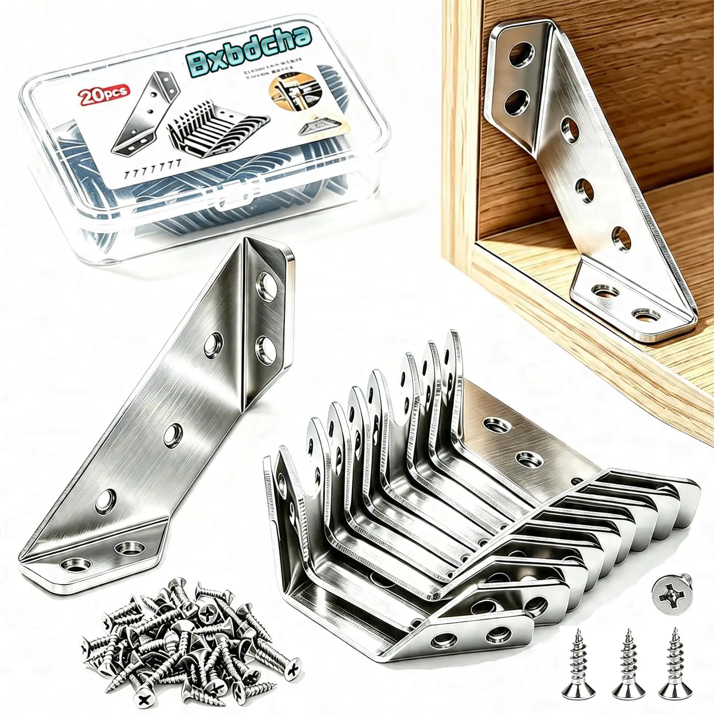 20-Pack Stainless Steel L Brackets, Universal 90° Corner Braces for Wood Furniture and Shelves