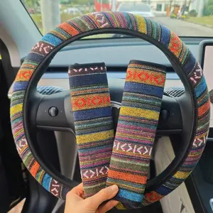 Car Steering Wheel Cover & Shoulder Protection Cover, Vintage Ethnic Pattern Non-slip Car Steering Wheel Protector for Women & Men, 1 Count Steering Wheel Cover with 2 Counts Shoulder Protection Cover