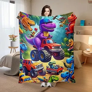 Dinosaur Blanket For Boys, Monster Truck Dino Kids Blanket, Colorful Cartoon Dinosaur Throw, Gift For Toddler, Boys Room Blanket,Christmas Gift