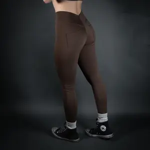 Women's Minimalist Stretchy V-Waist Leggings with Pocket, Mocha, Spandex-Nylon Fabric