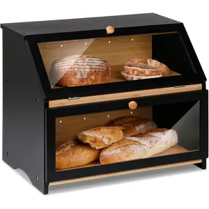 Double Layer Large Wooden Bread Box, Aesthetic Kitchen Counter Storage Containers with Black Finish, Large Capacity Bin for Kitchen Use