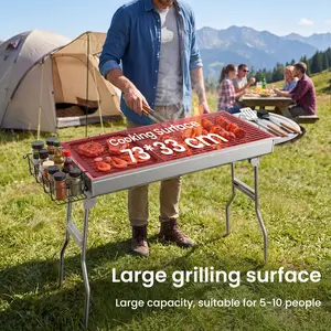 Portable Charcoal Grill, Upgraded Foldable BBQ Grill with Side Prep Shelf & Storage Rack, Heavy-Duty Stainless Steel Frame, Perfect for 6-8 People, Ideal for Backyard, Camping & Outdoor Cooking