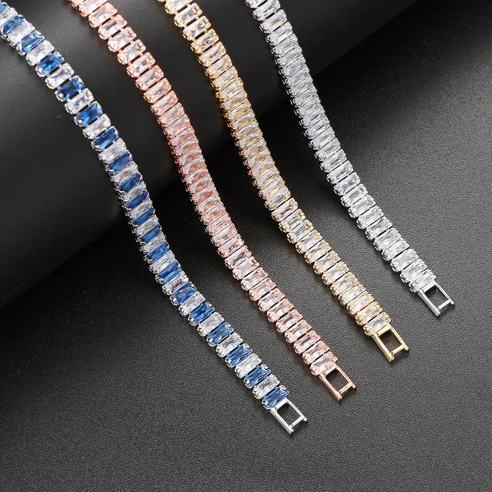 Women's High-Quality Plating Emerald Cubic Zirconia Tennis Bracelet, Rectangle-Cut Crystal Jewelry, Comfortable Lightweight Brass Design with Box Clasp, Daily Elegant Female Gift, Elegant Design