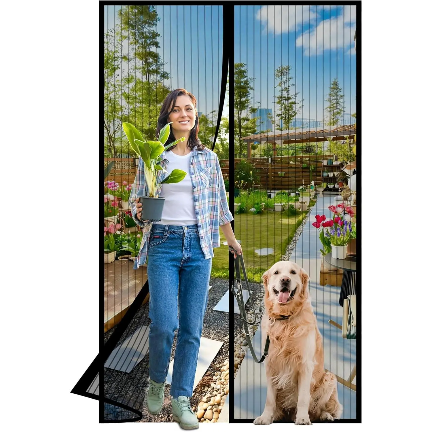 Magnetic Screen Door -Fit Door Size 36.0 x 80.0'' Retractable Screen Door Mesh for Front Door or Sliding Door, Pet & Kid Friendly, Hands-Free Closure Keeps Bugs Out & Lets Breeze in, Stripe Black