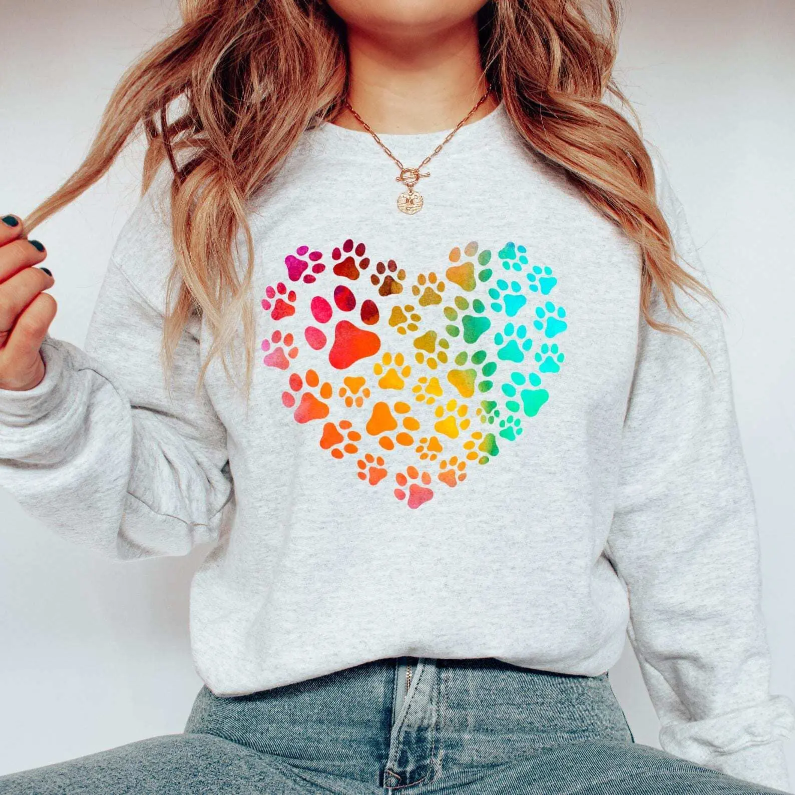 Watercolor Colorful Paws Sweatshirt, Paw Print Graphic Tee, Dog Paw Print T Shirt, Heart Paw Print Long Sleeve Shirts, Dog Paw Rainbow Shirt