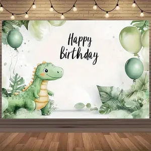 1pc 2D Flat Dinosaur Theme Backdrop with Green Balloons & Leaves - Cute Cartoon Dinosaur Design, Durable Polyester Fabric, No Electricity Needed for Birthday Parties, Baptism, First Communion, Ta