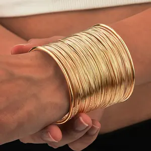 FASHION4U - Vintage Hyperbolic Layered Gold Plated Wide Wire Bracelet Cuff Bangle for Women Exaggerated Wrist Wrap Bangle Hand Jewelry Gift