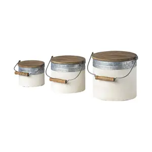 360 stand Rustic White Galvanized Metal 3-Piece Canister Set, 13x7x8 in, Home Organizer Storage Cans with Paint Bottles & Wooden Accents