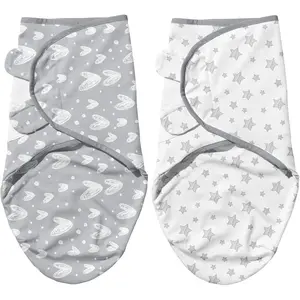 Baby Swaddle Blanket 0-3 Months, Unisex, Newborn, Organic Cotton, Adjustable Blanket, Cute Gray Print, 2-Pack