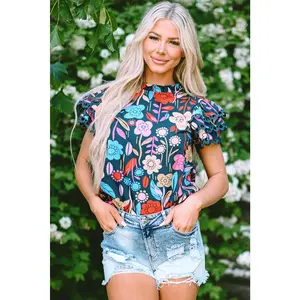 Green Trimmed Ruffle Sleeve Summer Floral Blouse
